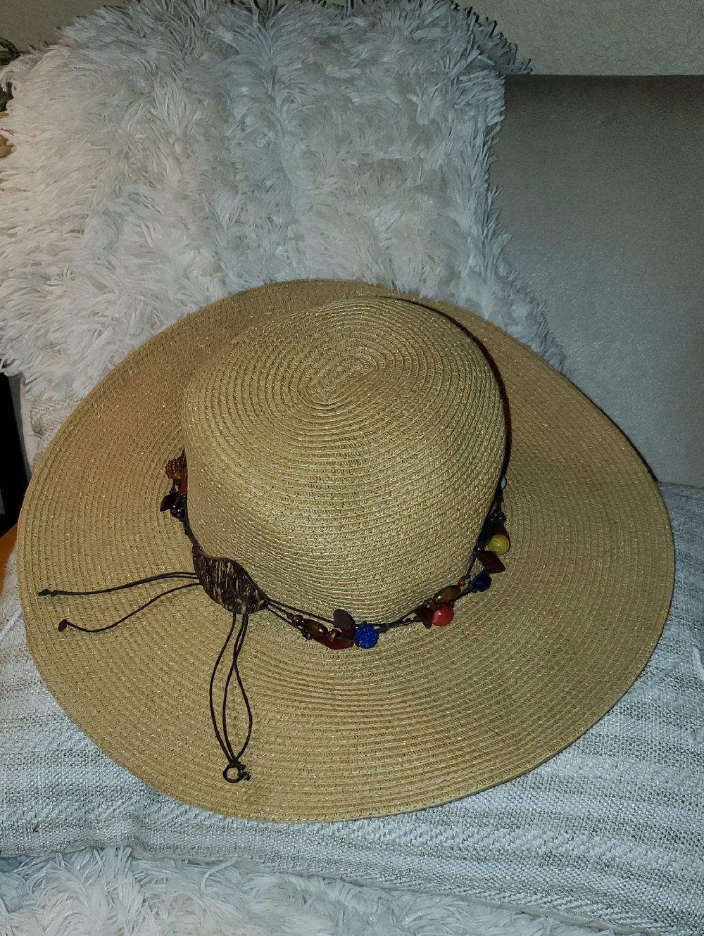 Capelli of New York Tan Straw Sun Hat with Multicolor Bead Band
